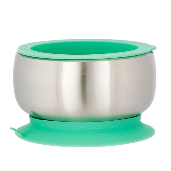 Stainless Steel Kids Bowls Avanchy Baby Stainless Steel Silicon Suction Bowl & Divided Plate & Spoons Suction Bowls with Lids - Green 